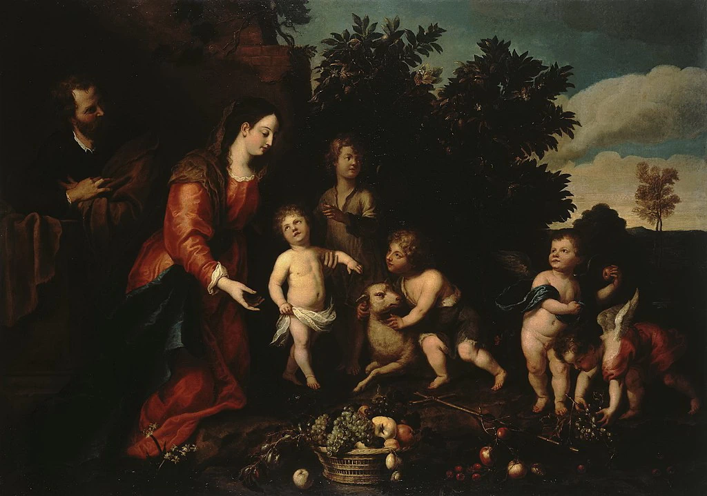 Sacra Famiglia con il Bambino Giovanni e gli angeli, con Adriaen van Utrecht - Hermtage